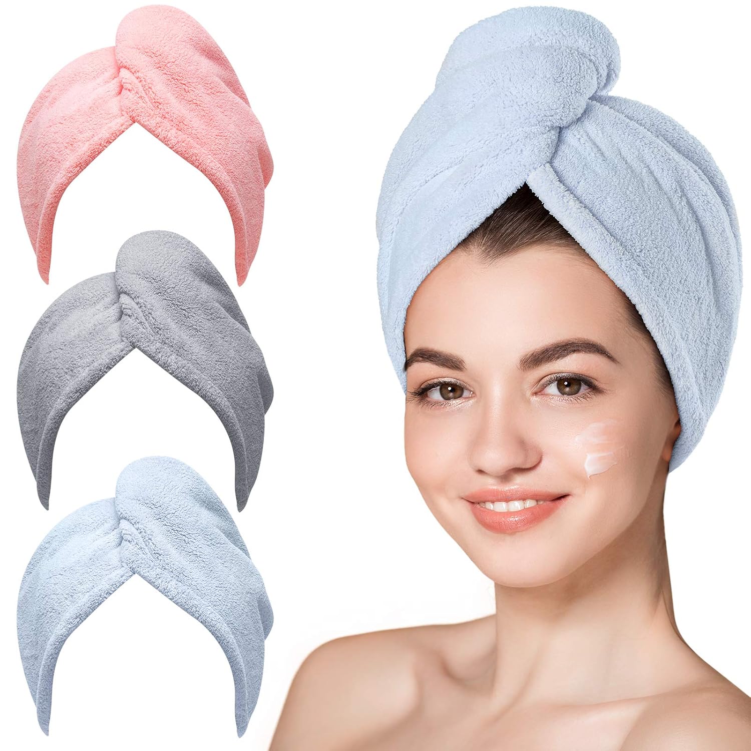 Paquete de tres toallas de microfibra Hicober para el cabello en azul, gris y rosa